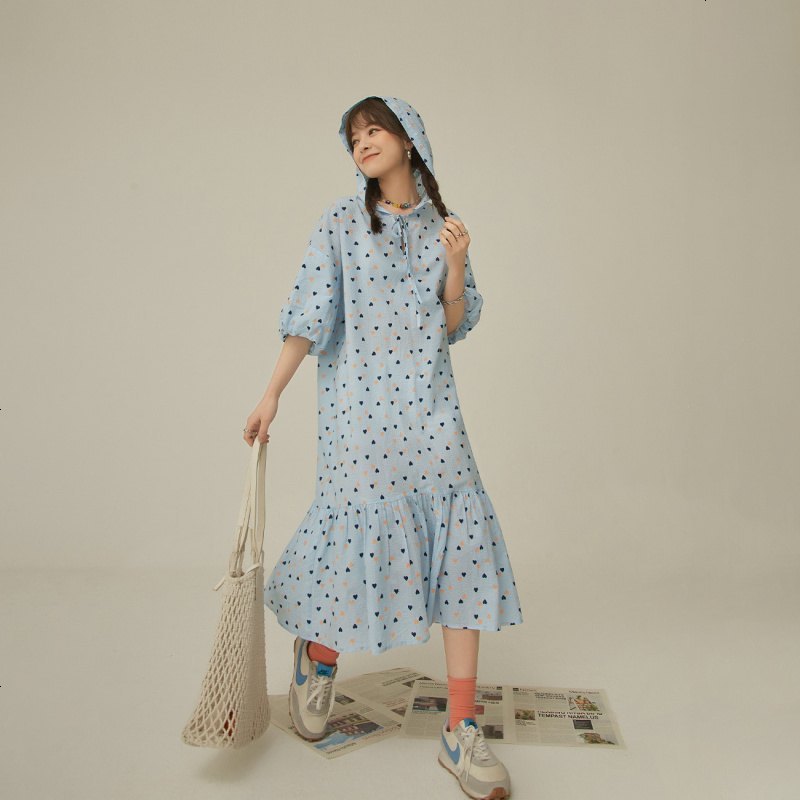 OtherMix日系连帽连衣裙女2021年夏季新款印花小爱心宽松系带裙子