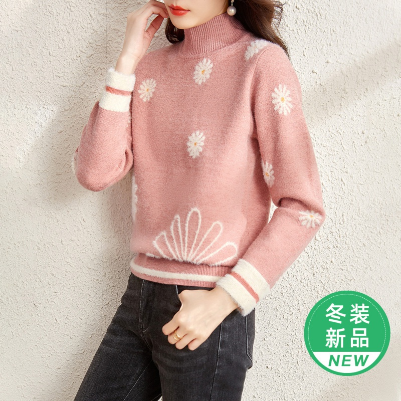 OUNIXUE欧昵雪 | [雏菊仿水貂毛毛衣]冬季减龄半高领长袖针织衫女士宽松上衣