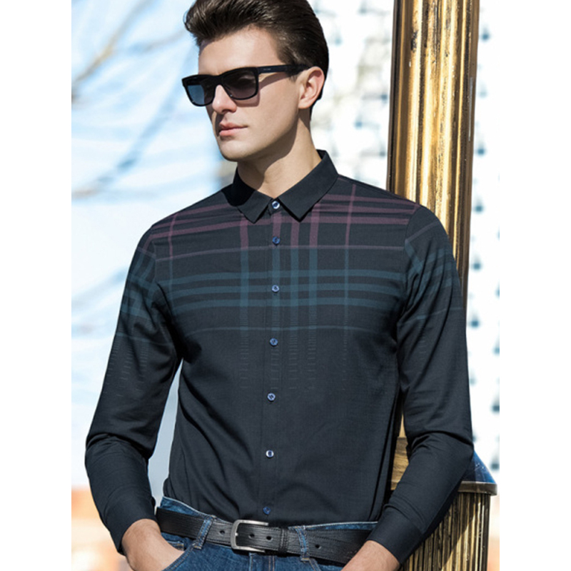 传奇保罗条纹长袖衬衫男春季韩版潮流修身休闲打底衬衣