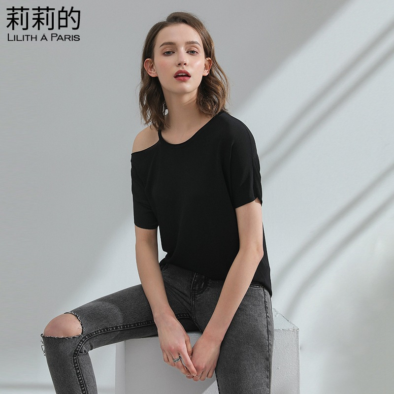 莉莉的 纯色露肩短袖女式针织T恤 2018夏新款女装圆领不对称简约宽松上衣