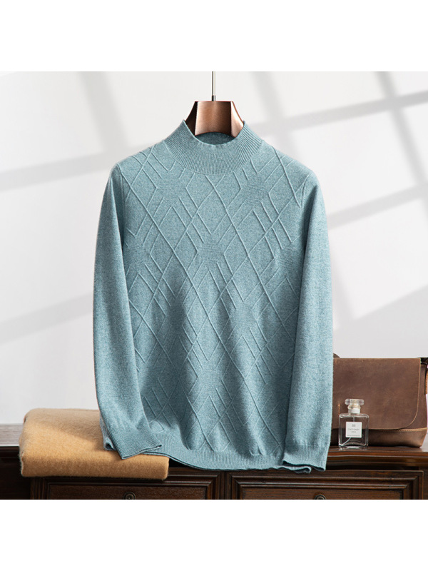 菱形半高领保暖长袖套头男士山羊绒衫轻奢提花秋冬新款针织毛衣潮