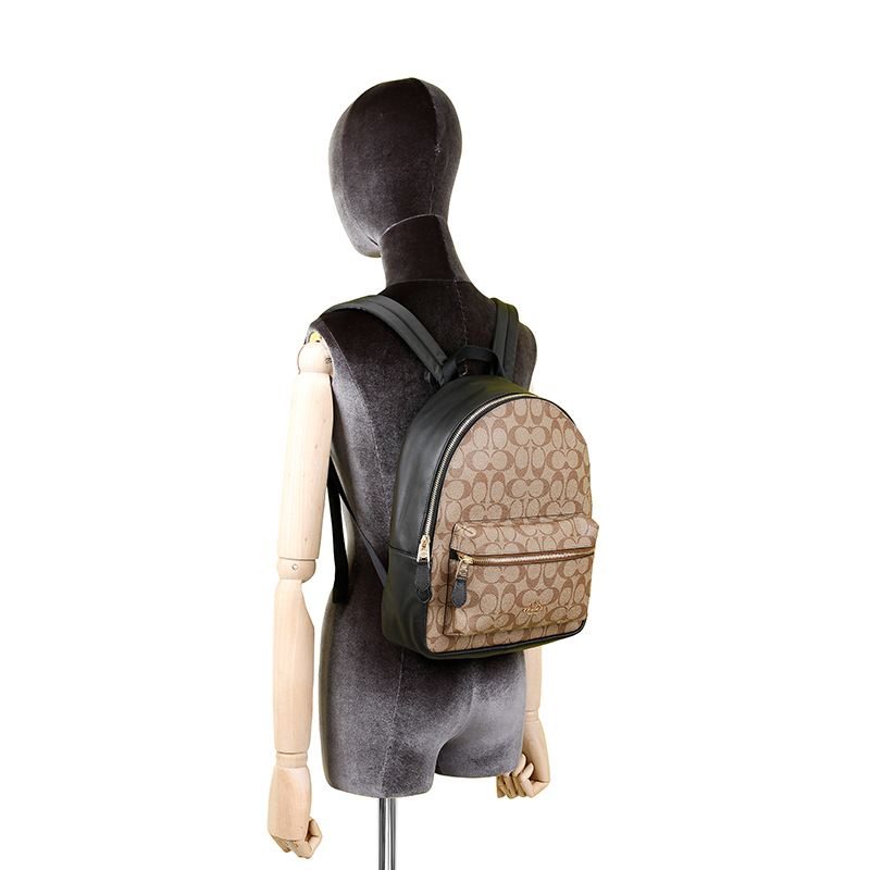 COACH 蔻驰 奢侈品 女士中号卡其拼色logo款人造革双肩包书包旅行包女礼物送女友