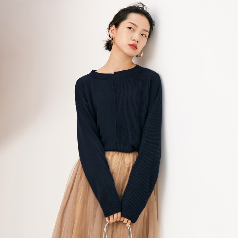森宿Y秋冬装2018黑色慵懒风圆领套头宽松打底长袖针织毛衣女