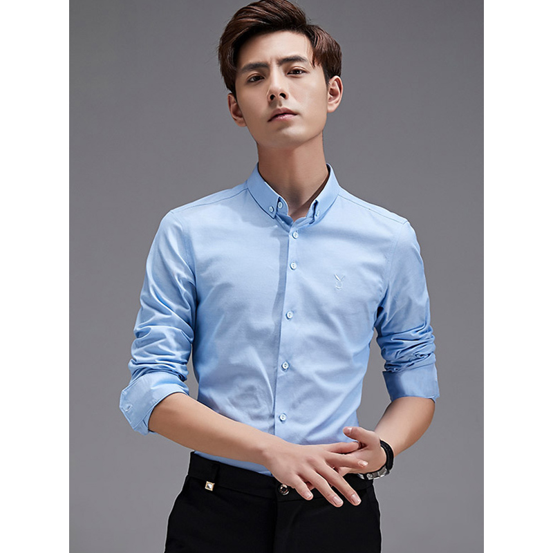 花花公子playboyicon男士秋季长袖衬衫时尚纯色衬衣蓝色衬衣