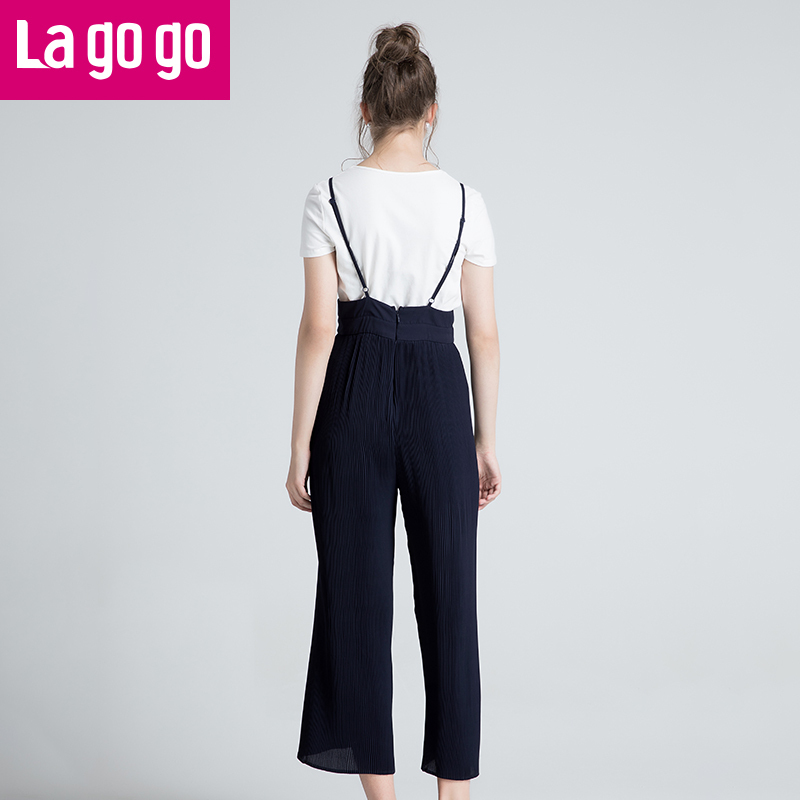 Lagogo高腰阔腿裤女休闲裤2018夏秋季新款时尚气质宽松吊带裤子春夏秋_1 155/S/36 藏