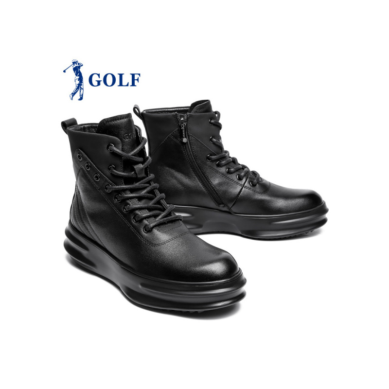 GOLF/高尔夫男靴户外英伦风厚底防滑高帮鞋真皮系带时尚靴子男黑色