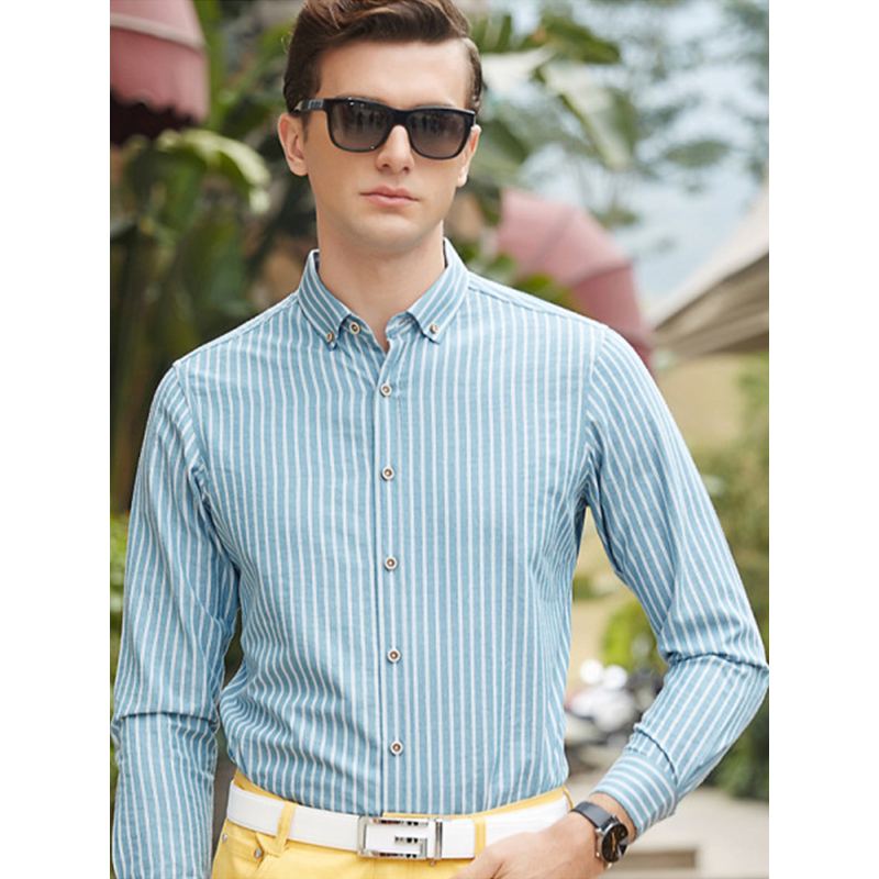 传奇保罗条纹长袖衬衫男 2018春季新款中年方领修身商务休闲衬衣
