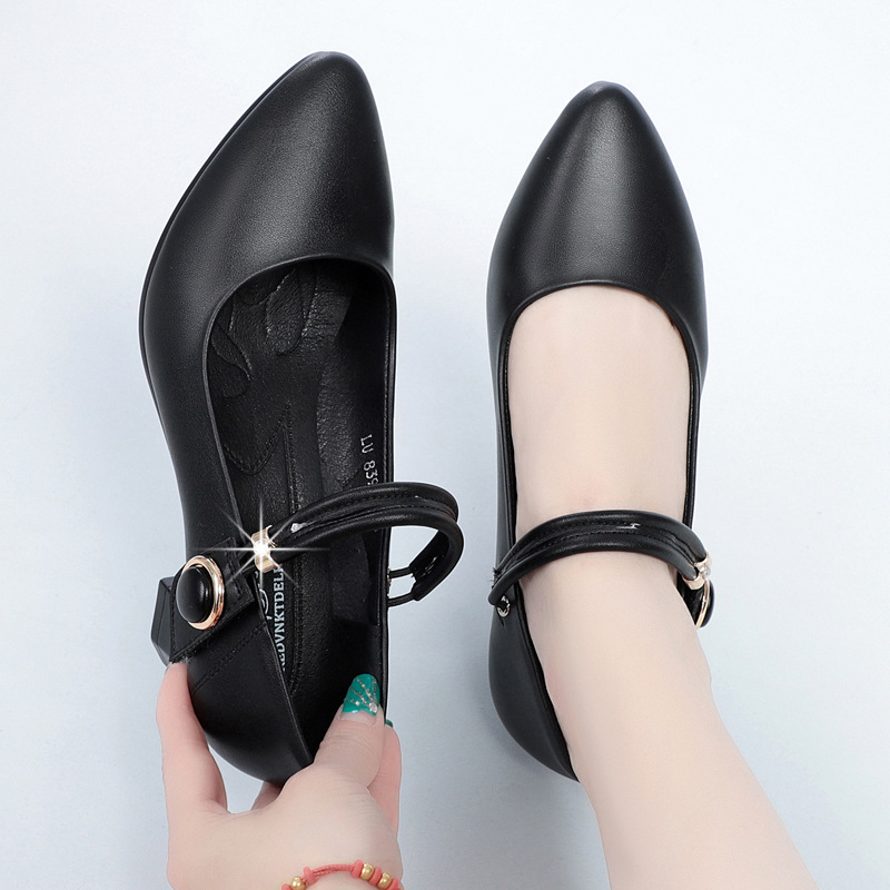 高跟鞋女职业工作鞋2023新款春秋女鞋粗跟单鞋女皮鞋一字扣妈妈鞋