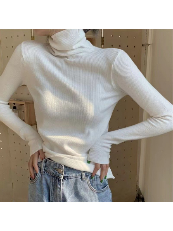 秋装新款女克莱因蓝堆堆领针织衫打底衫高领毛衣紧身修身内搭上衣