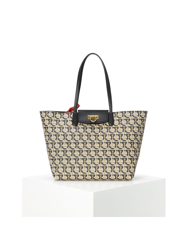 预订FERRAGAMO GANCINI 购物袋 TOTE 老花款 单肩包21I012 织物\牛皮革