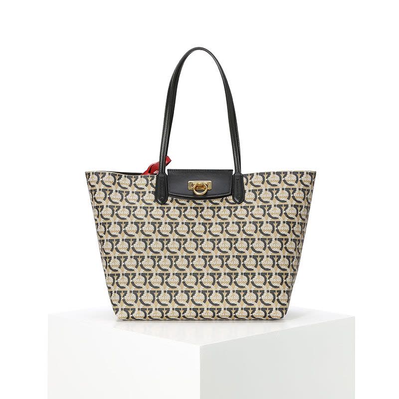 预订FERRAGAMO GANCINI 购物袋 TOTE 老花款 单肩包21I012 织物\牛皮革图片