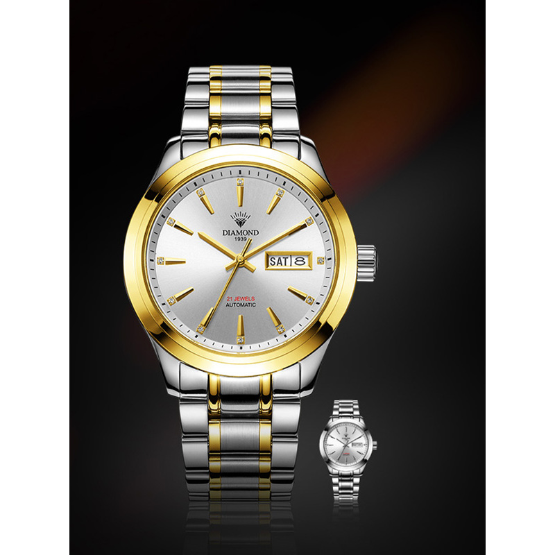 上海钻石牌手表男全自动机械男表大表盘日历精钢8021男士钻石表