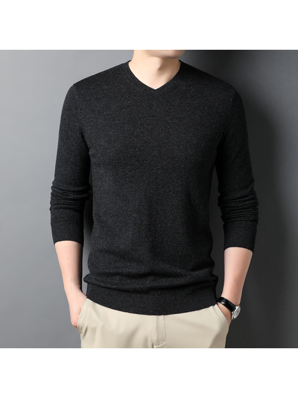 男装秋冬季310g男士羊毛衫鸡心V领套头纯色打底毛衣男
