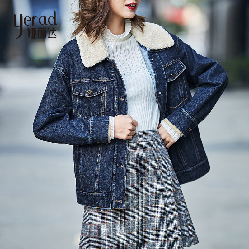 娅丽达女装牛仔外套女短款2019秋冬新款纯色翻领加绒休闲夹克上衣I8501