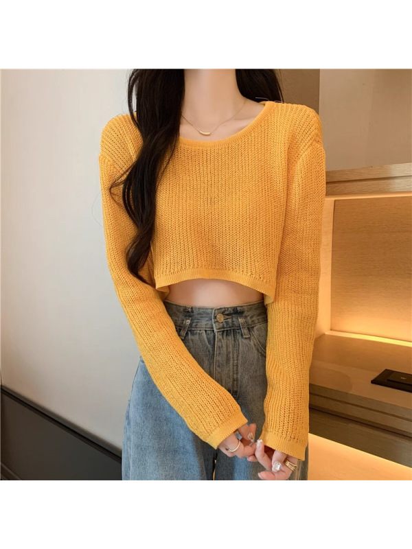 夏季薄款新款INS镂空冰丝长袖针织衫女短款外搭套头防晒罩衫上衣