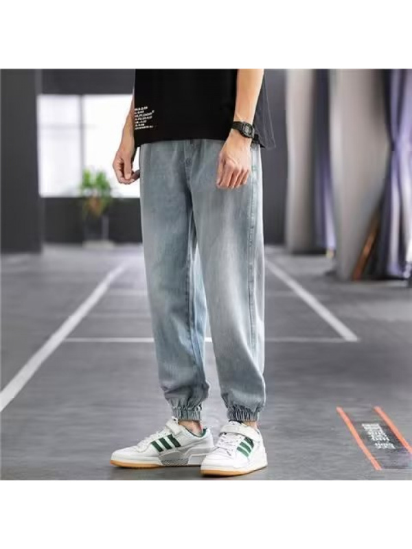 抽绳牛仔裤男士春夏季薄款束脚九分宽松阔腿潮流休闲长裤