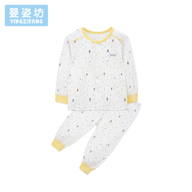 秋季新款男女童休闲条纹印花圆领前开扣开襟衫两件套 田园风