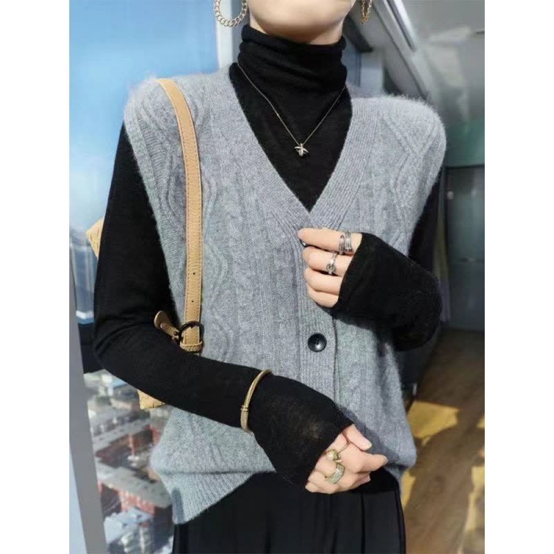 秋冬新款加厚V领菱形仿羊毛马甲女软糯亲肤不扎针织开衫外穿背心图片