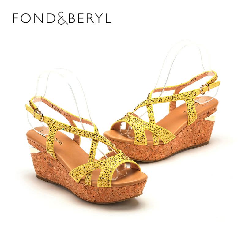 菲伯丽尔Fondberyl夏专柜特价黄色绒布露趾坡跟凉鞋女FB42117655图片