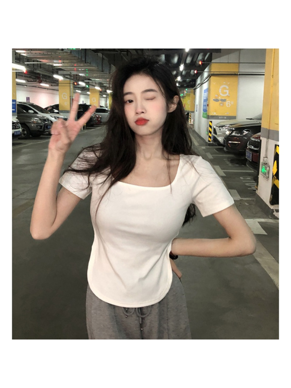 年夏季新款纯欲风大u领辣妹上衣显瘦修身不规则短袖T恤女ins