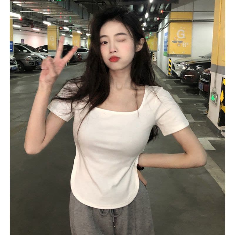 年夏季新款纯欲风大u领辣妹上衣显瘦修身不规则短袖T恤女ins图片