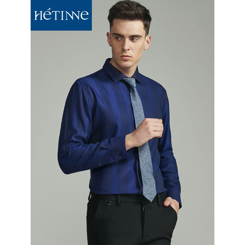 (hetinne)男装2019秋季男士衬衫轻奢商务男装条纹羊毛混纺长袖衬衫男