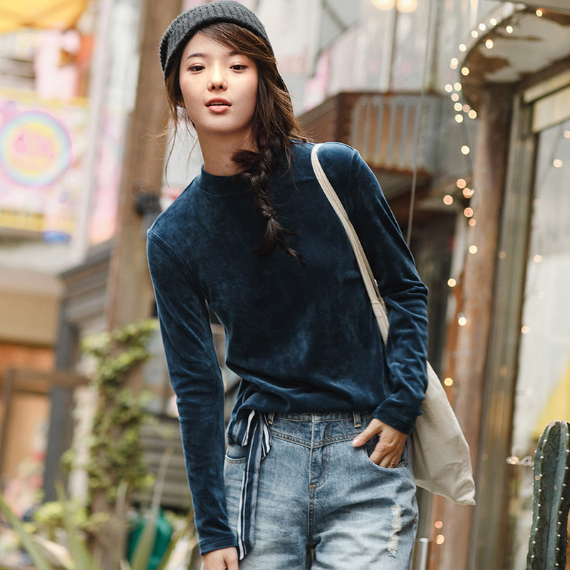 茵曼2018春秋新款文艺范半高领长袖套头t恤女百搭打底衫宽松上衣