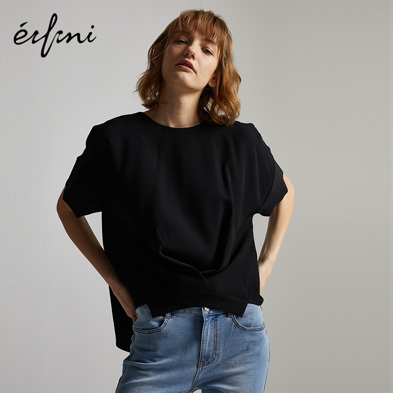 伊芙丽雪纺衫2019新款秋装韩版黑色宽松短袖荷叶边雪纺小上衣女