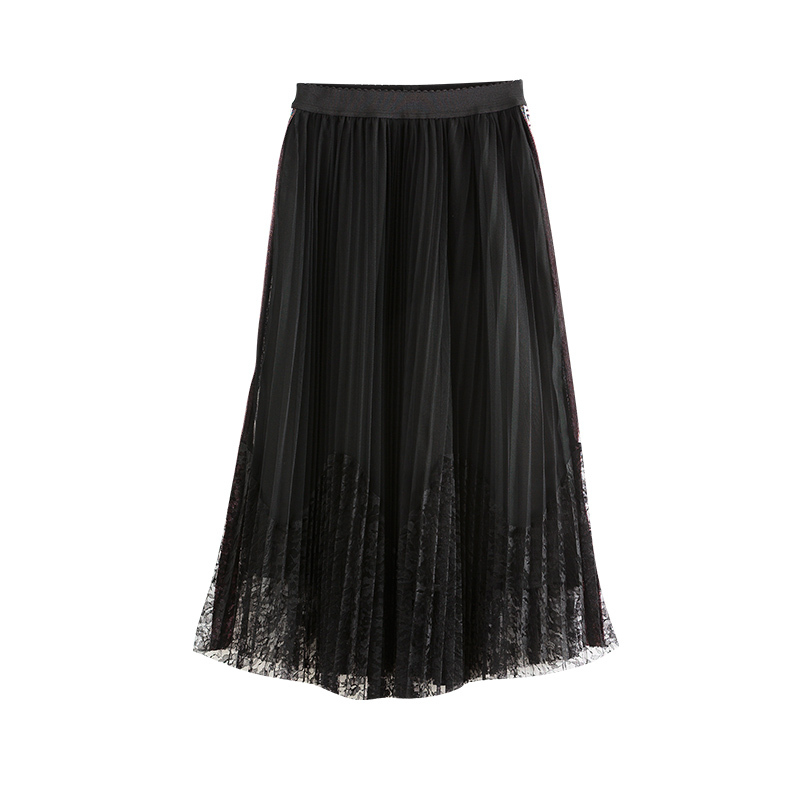 初语高腰纱半身裙女中长韩版百褶裙a字黑色纱裙子