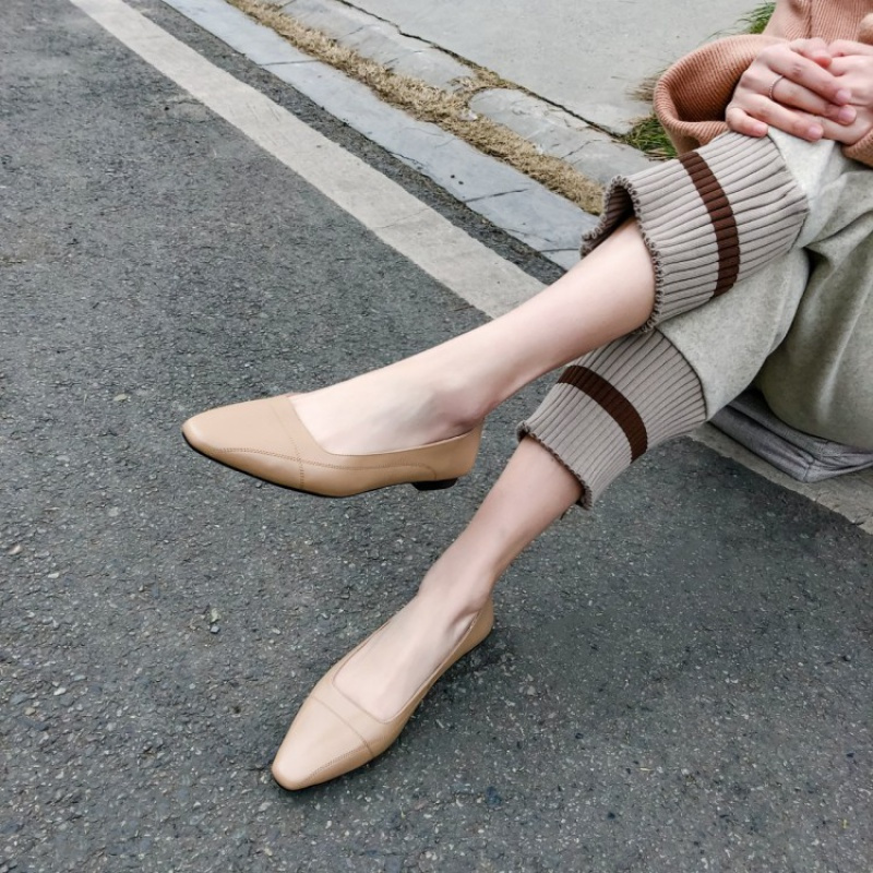 格瑞迪欧里外全真皮夏杏色33码平跟鞋裸色真皮方头浅口平底单鞋女602