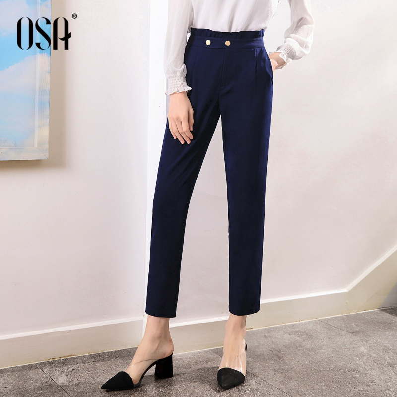 OSA欧莎夏新款韩版时尚打底直筒九分运动休闲裤女高腰裤子