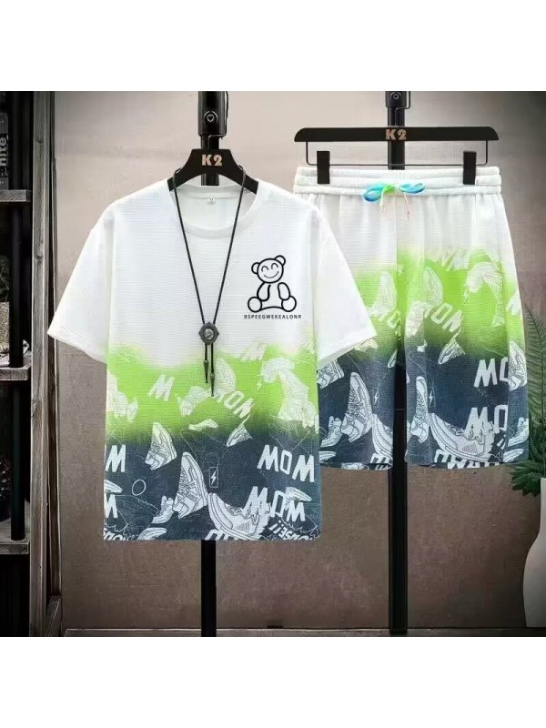 夏季薄款运动套装男士数码印花熊休闲短袖短裤两件套