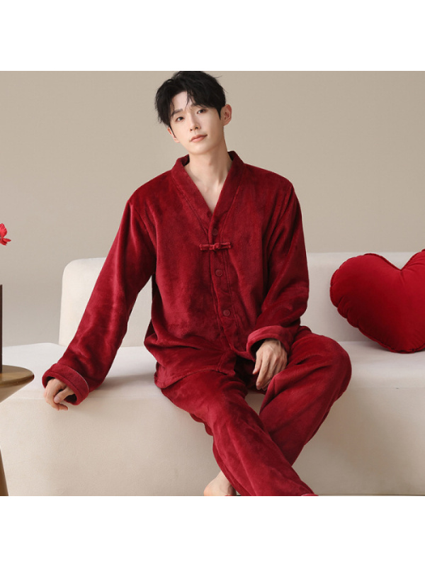 情侣睡衣秋冬季珊瑚绒本命年喜庆结婚大红色一男士一女家居服套装