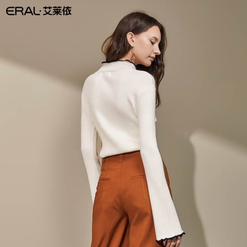 艾莱依2019秋季新款潮流个性花边设计修身圆领套头衫