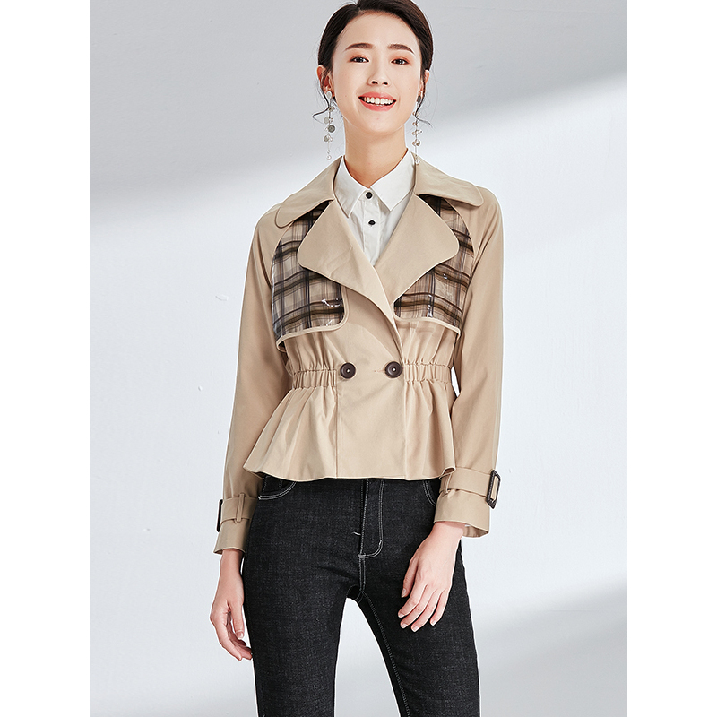 欧昵雪春秋季双排扣束腰荷叶边下摆高腰短款风衣外套女长袖c