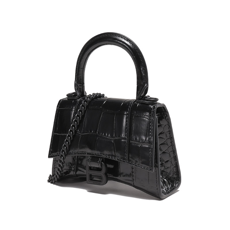 巴黎世家 BALENCIAGA 女士皮革鳄鱼压纹手提单肩斜挎包迷你链条包沙漏包664676 1LR67