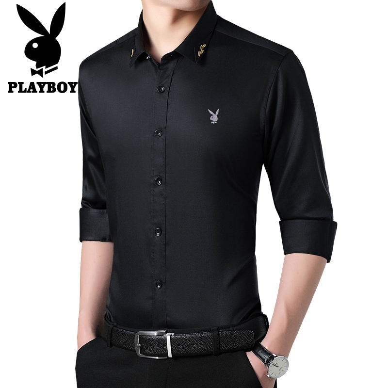 花花公子PLAYBOYJEANS长袖衬衫2018秋冬新品 商务休闲修身上衣潮流印花衬衣