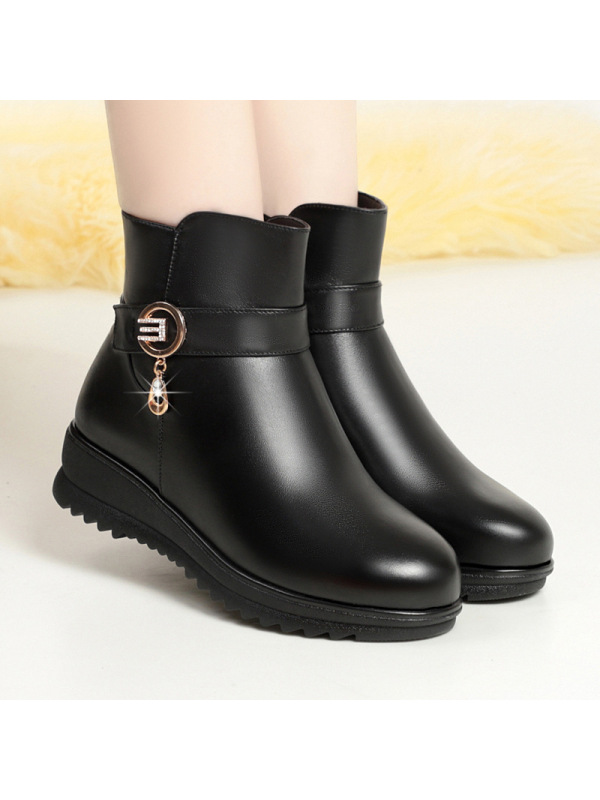 棉靴女冬季加绒保暖短靴女靴子橡胶底加厚中年平底妈妈棉鞋女鞋