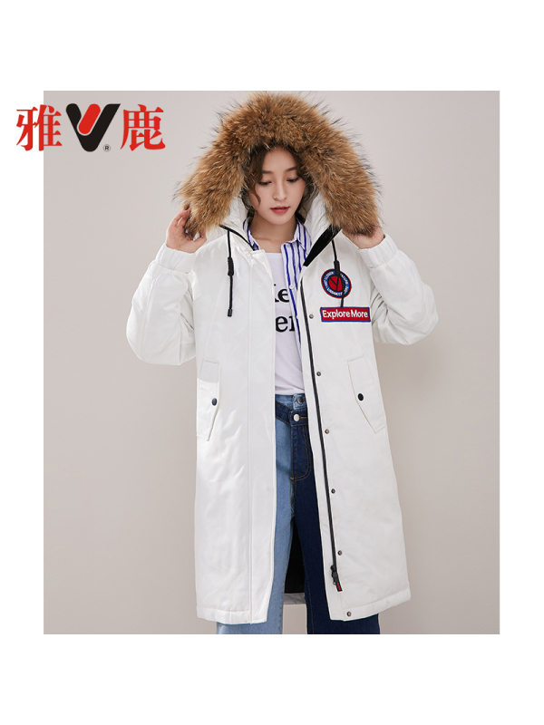 yaloo/雅鹿情侣中长款2018羽绒服女貉子大毛领新款加厚连帽鹅绒服