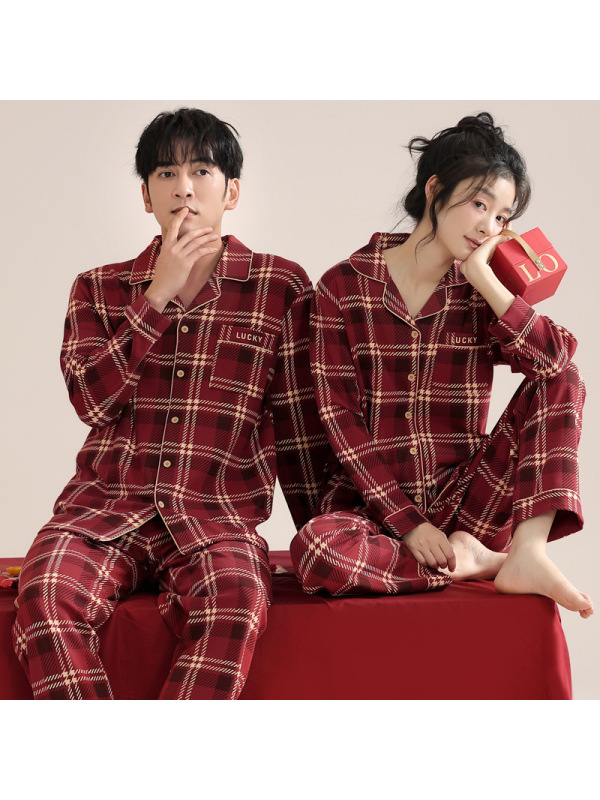 情侣睡衣春秋冬季棉质本命年喜庆结婚红色一男士一女士家居服套装