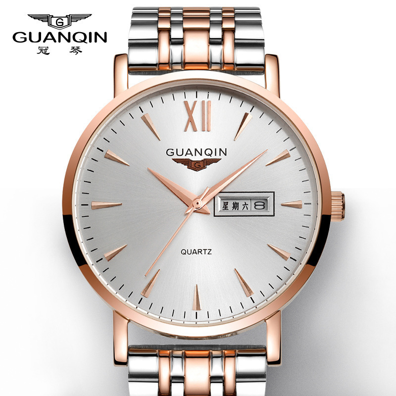 冠琴(GUANQIN)手表防水夜光高档正品钢带石英表潮流商务腕表