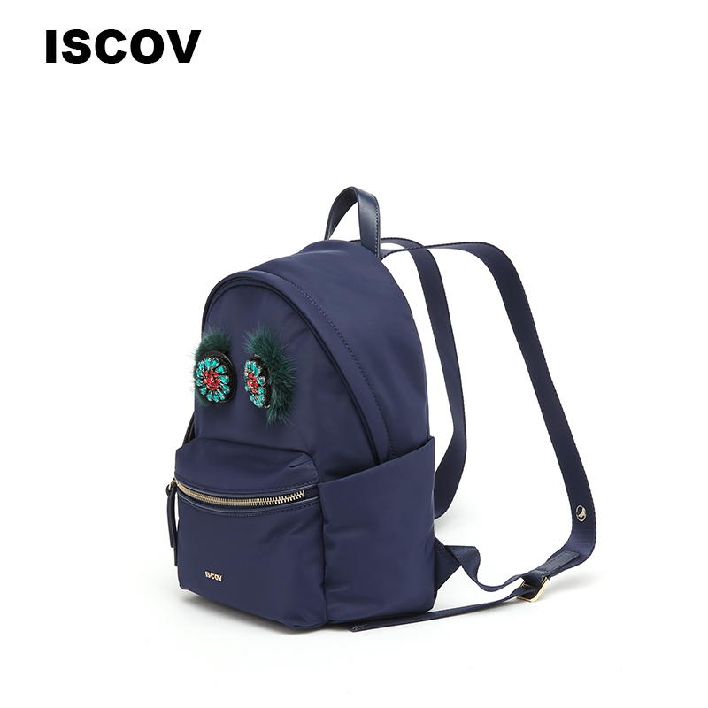 ISCOV时尚双肩包女春夏尼龙拼皮亮钻绒球中号背包