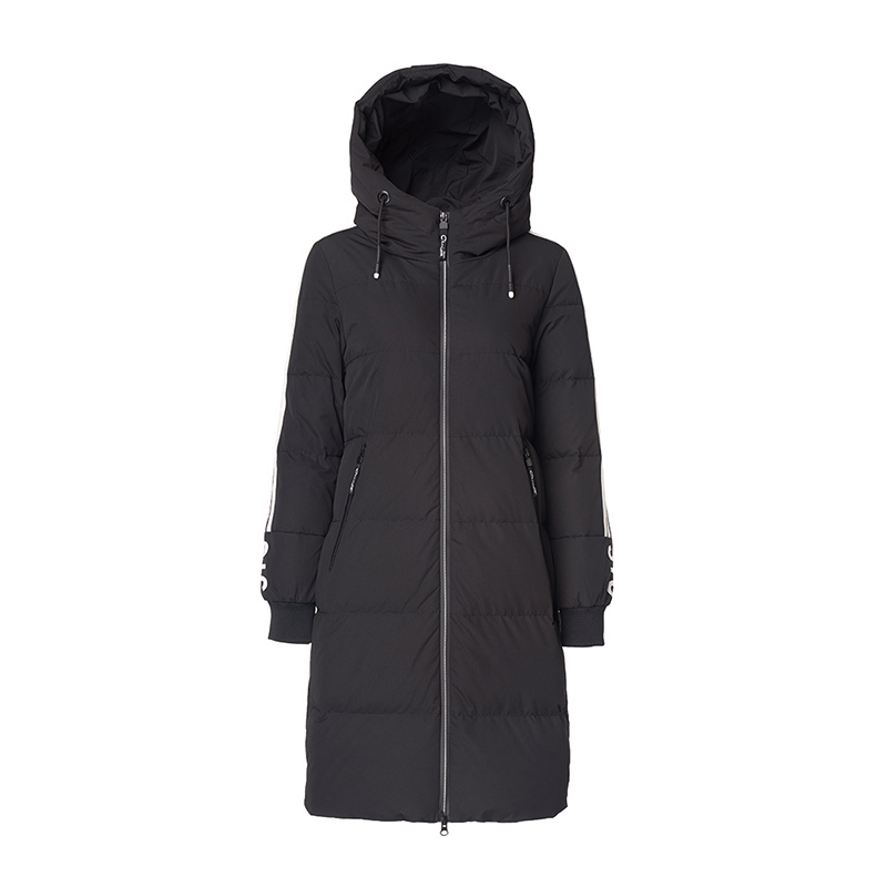 千仞岗2019新品时尚运动羽绒服女中长款连帽条纹学院风外套
