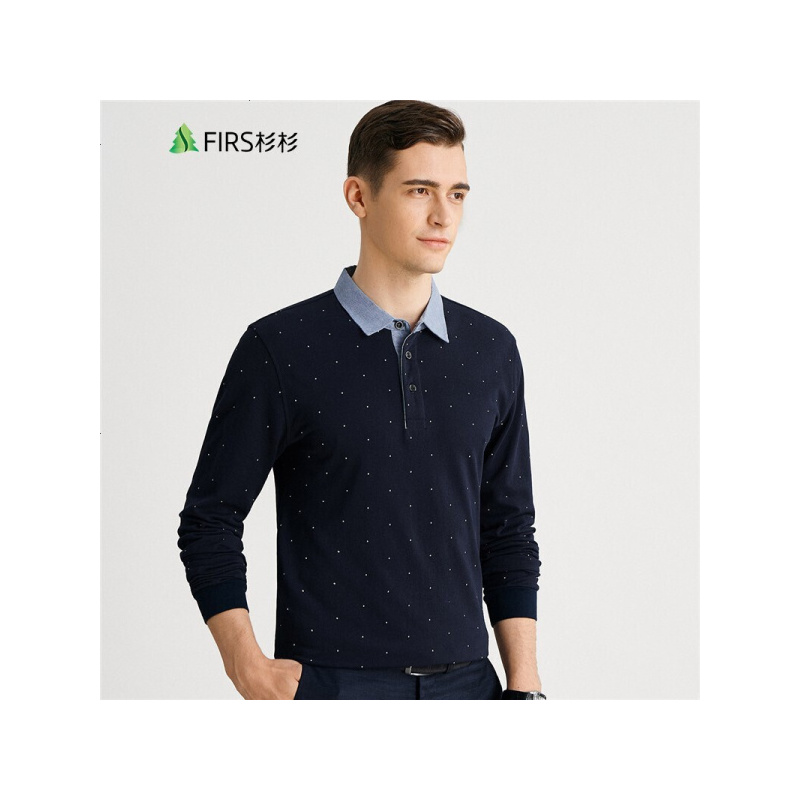 杉杉（FIRS）男式纯棉POLO衫时尚印花拼接百搭长袖POLO衫
