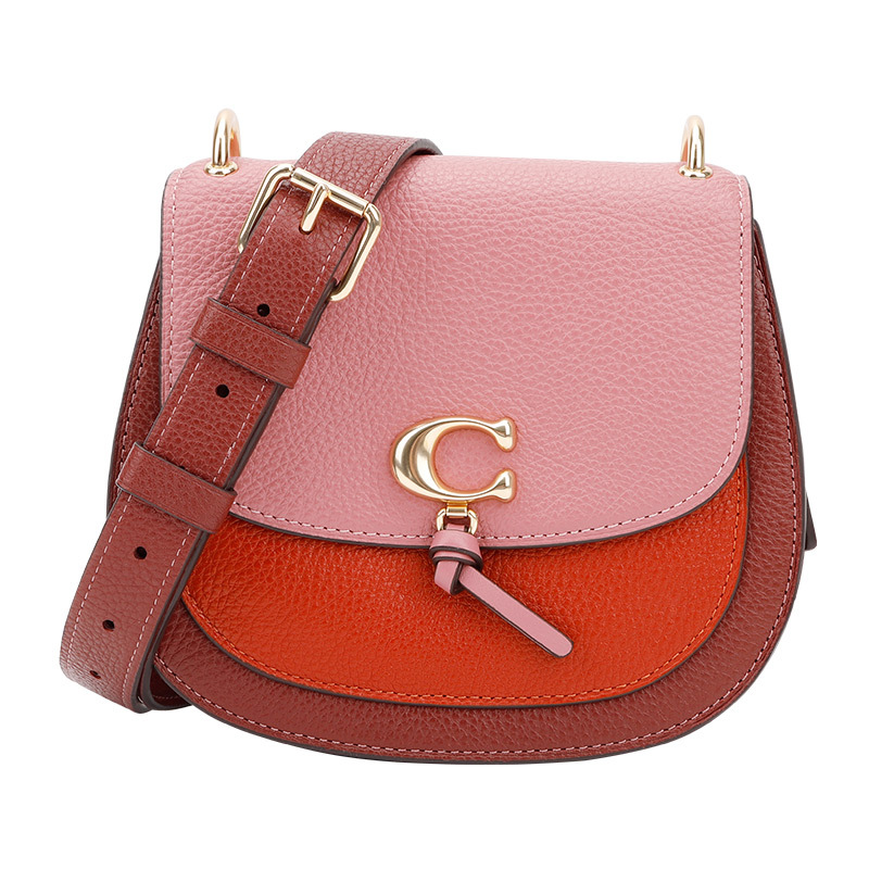 蔻驰 COACH 奢侈品 女士时尚玫紫拼枣红色人造革单肩斜挎马鞍包 1330 IMROL
