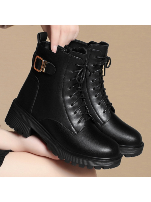 冬季新款马丁靴妈妈棉鞋粗跟厚底加绒短靴中年女士单靴子大码女靴