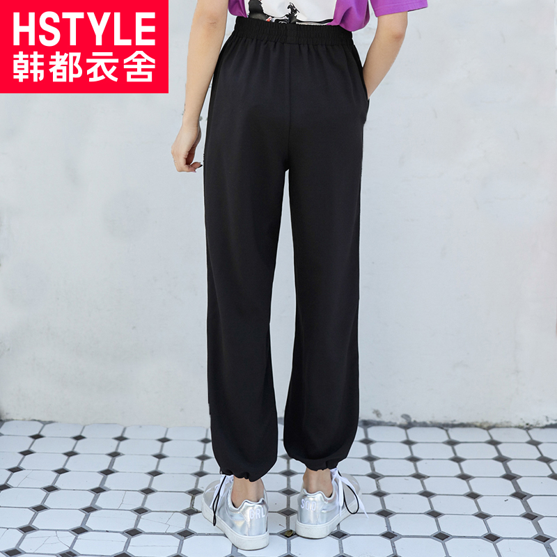 韩都衣舍2018夏季新款女装韩版宽松运动织带灯笼休闲裤MY9990沐