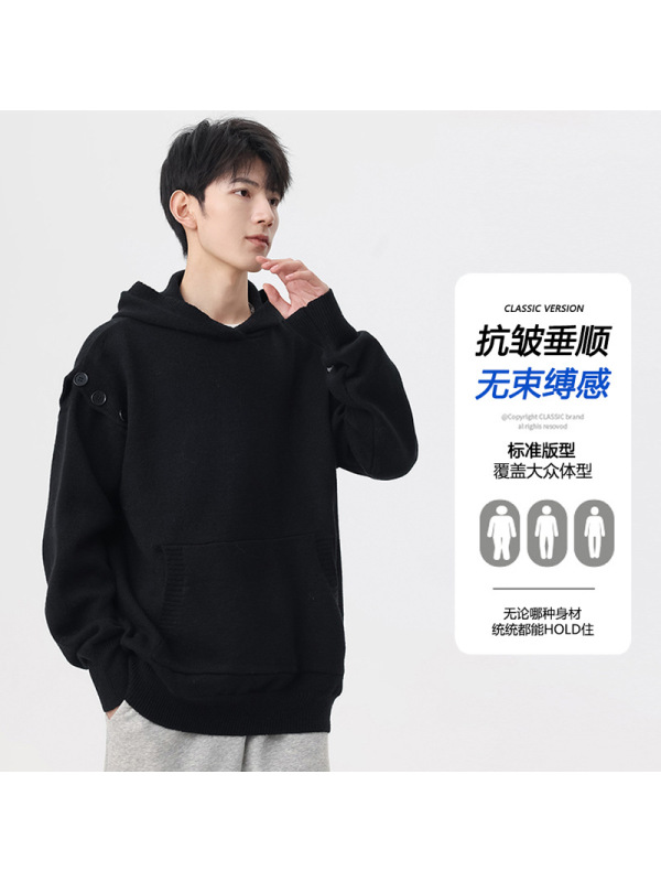 男装可拆卸扣子连帽春秋季毛衣男女款美式潮牌复古慵懒休闲针织衫