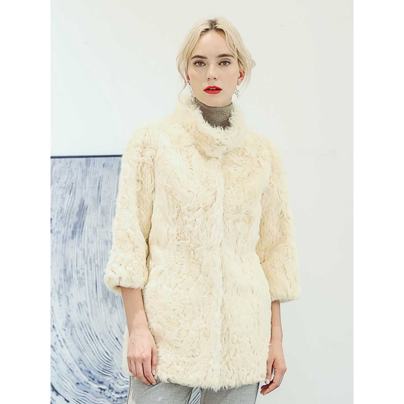 汤尼保罗百搭中长款羊毛皮草米色