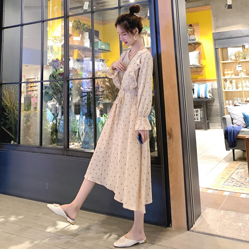 如熙法国小众连衣裙V领雪纺连衣裙甜美复古装女裙子